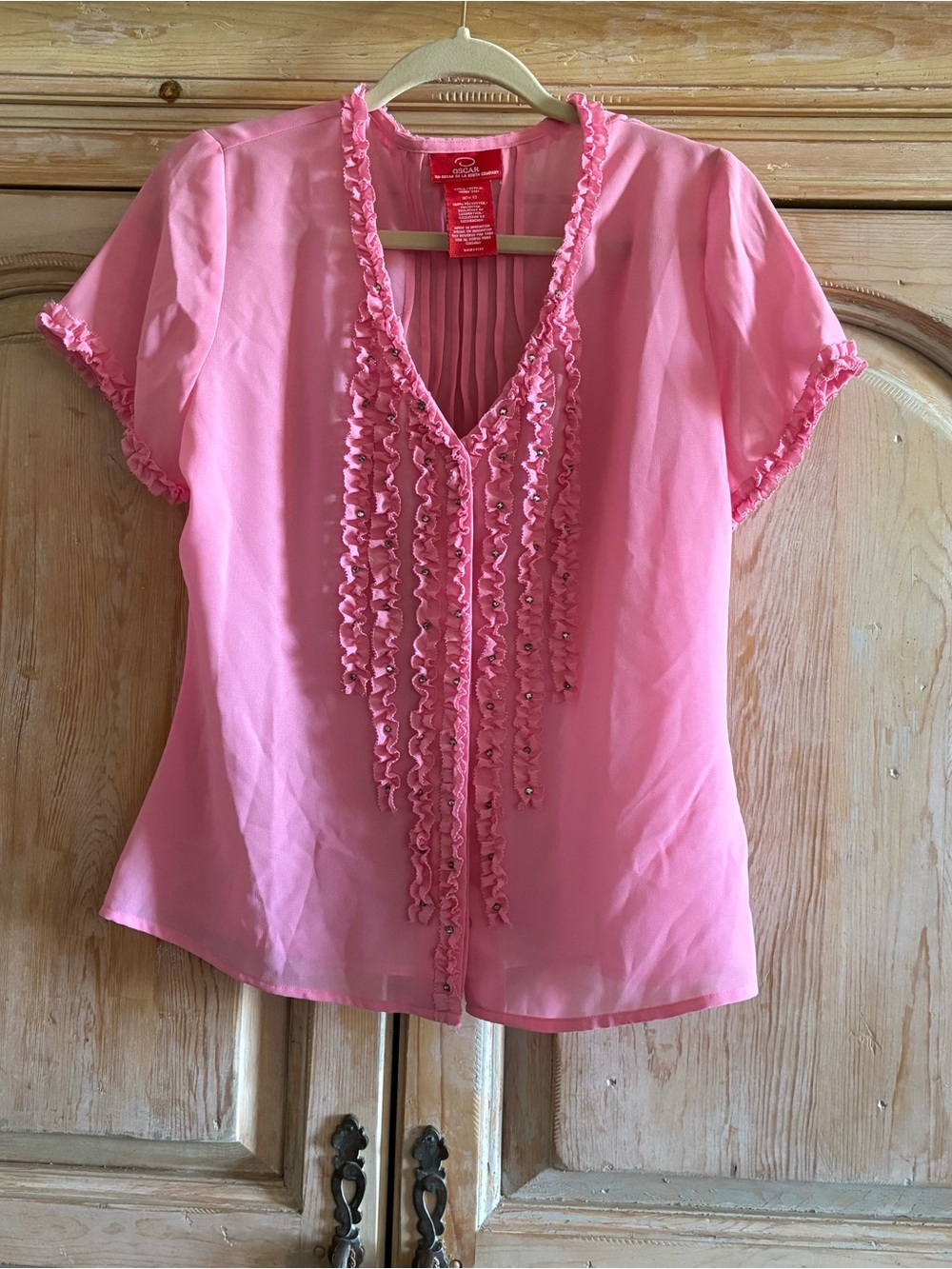 Oscar de la Renta Pink Ruffled V-Neck Blouse
